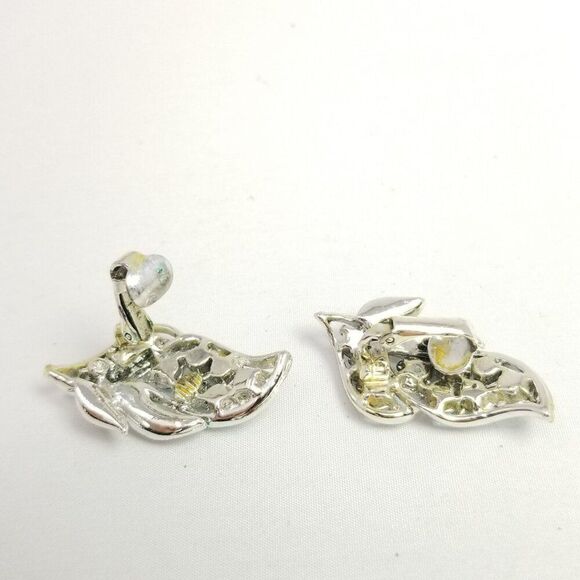 Vintage Coro Blue Rhinestone Leaf Shape Clip On Earrings, Silver Tone Setting - Picture 3 of 8